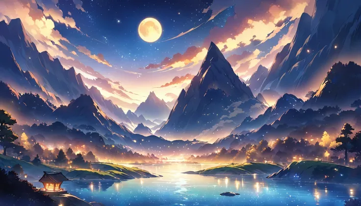 A painting of a river, stars and the moon in the sky, In bright colors, by makoto shinkai. Concept art inspired by Mitsuoki Tosa, pixiv Contest Winner, Highest quality, Fantasy art, Beautiful anime scene, Golden Moon, No humans, Starry Sky, scenery, cloud,...