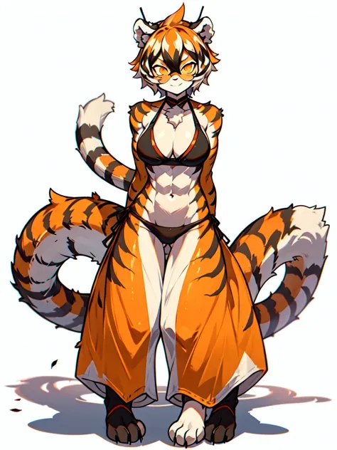 front and back,white background, full body, Standing:1.5, Crotch cloth and bikini bra,animal ears, white hair, black hair, short hair, large breasts, tiger skin，Abdominal muscles, tail, orange eyes, orange hair, multicolored hair, tiger girl, hair between ...