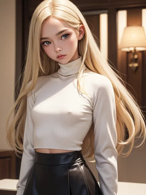 (best quality), 1girl, female, porcelain skin, blonde hair, straight hair, medium hair, swoopy tips, Flipped-up ends, brown eyes, perfect eyes, crop turtleneck top, black skirt, slender, , small bust, shy, masterpiece, anatomically correct, highres
