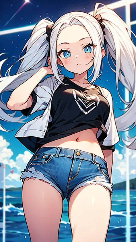 anime style,hairstyle forehead,teen girl,Denim short pants,white hair,twintail hair,blue eyes,