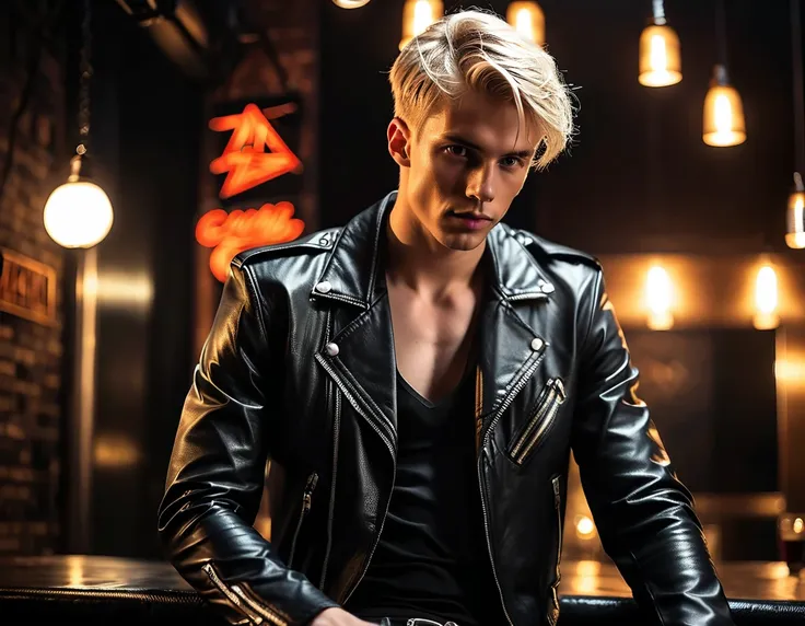 Hyper realistic, dark vibes, solo, young man, facing camera, 22 years, pale skin, model (skinny:1.2), short cropped textured blond hair, (black leather jacket:1.1), holding sharp knife, dark lighting, strip club, BDSM club background, foreboding, sexy, att...