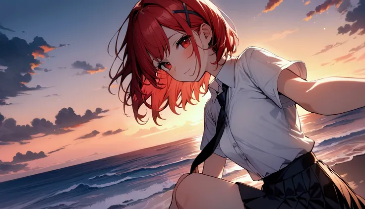 short hair, (Red hair:1.2), x Hair ornament, Red eyes,tie, girl,One person, Collared shirt, White shirt, Short sleeve, Pleated skirt, student, Highest quality, masterpiece, High resolution,summer、Sunset、sunset、Ocean岸、Ocean