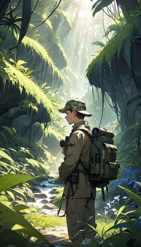 A man wearing safari camouflage、Close-up of boy standing in deep mountain jungle with backpack and binoculars, Beautiful light and shadow explored deep in the forest, Strange flowers, exotic grass, Mountain streams,