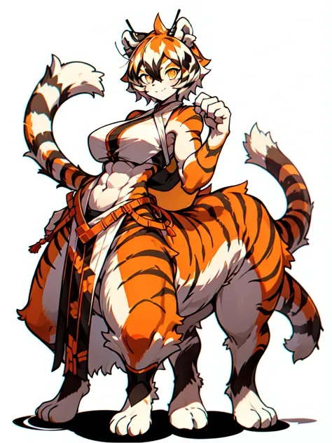 front and back,white background, full body, Standing:1.5, japan cloth,animal ears, white hair, black hair, short hair, large breasts, tiger skin，Abdominal muscles, tail, orange eyes, orange hair, multicolored hair, tiger girl, hair between eyes, tiger_ears...