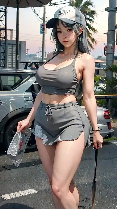 Thin strap tank top、mini skirt、Wearing sandals、Wearing a baseball cap、Tie the tail。Large Breasts、Rounded、Standing strong、Perfect figure、Thick thighs、meaty thighs、Sexy figure。Old woman、Aged woman、Gray dyed hair、Tired look。
Summer evening city、evening、sunset...