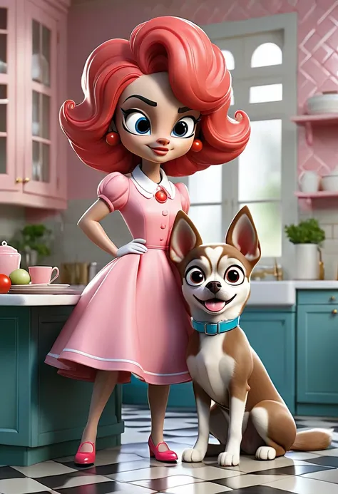 Frame: Medium shot of two dogs standing on a tiled kitchen floor, amidst a playful setting. Left: A small Chihuahua dressed in a pink dress and bright red curly wig, its large round eyes shining with comedic intent. Right: A Husky with piercing blue eyes, ...