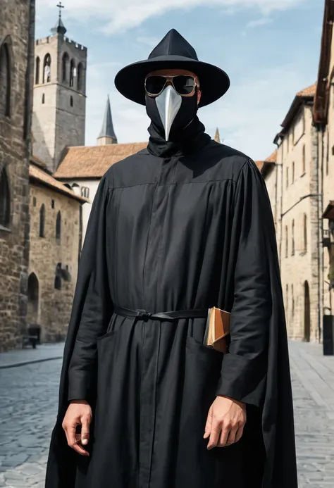 (masterpiece, best illustration,) medieval, beak mask, black robe, city background, doctor, masked, one person, clear, fine motor, wearing hat with brim, glasses, can&#39;t see eyes, hands parked crow