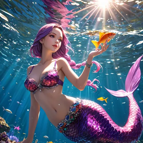 cute 20 year old mermaid with purple hair bind in a lose braid in the ocean below the surface talking to a fish in the sunlight, sun is shining, wears a purple glittery mermaid bra, beautiful mermaid, beautiful detailed human face, red lips, alluring eyes,...