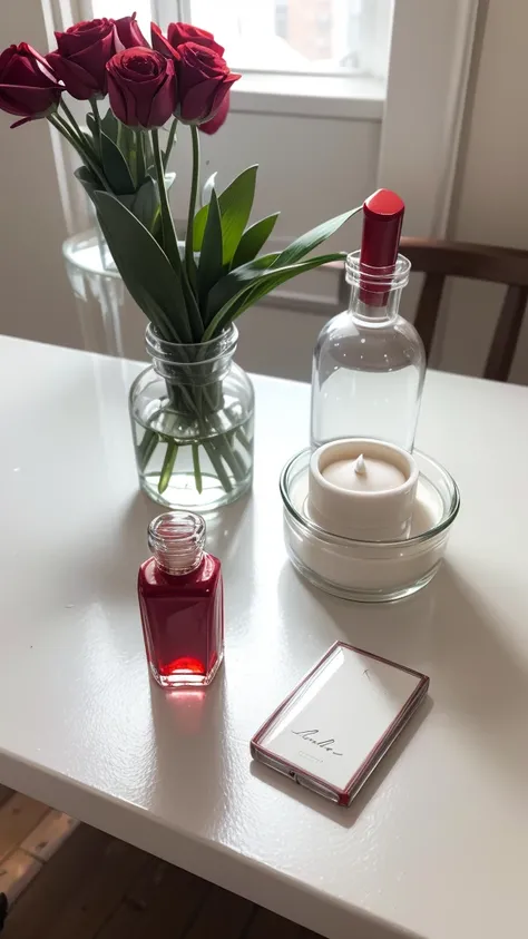 a table, a red lipstick, a small bottle of white enamel, translucent powder 