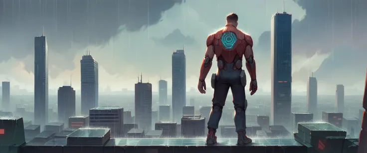 A realistic image of a futuristic city inspired by the movie "Blade Runner", with a andoroid ((beautiful cyber man)) standing on the terrace of a skyscraper overlooking the city. It is raining and the scene has a 16:9 aspect ratio (please include the terra...