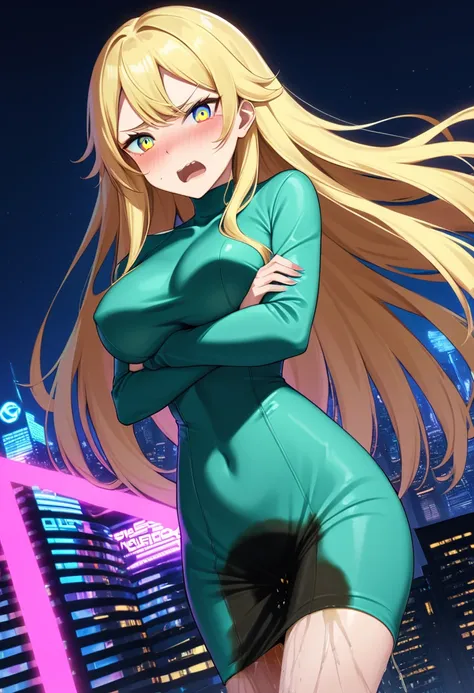 (high quality,Very detailed:1.37, High resolution), Woman, (very long hair:1.5), blonde hair, (multicolored eyes:1.5), blue eyes, yellow eyes, large breasts, (wetting herself:2.0), standing, (long tight dress:1.5), (arms crossed:1.5), (embarrassed:1.5), (h...