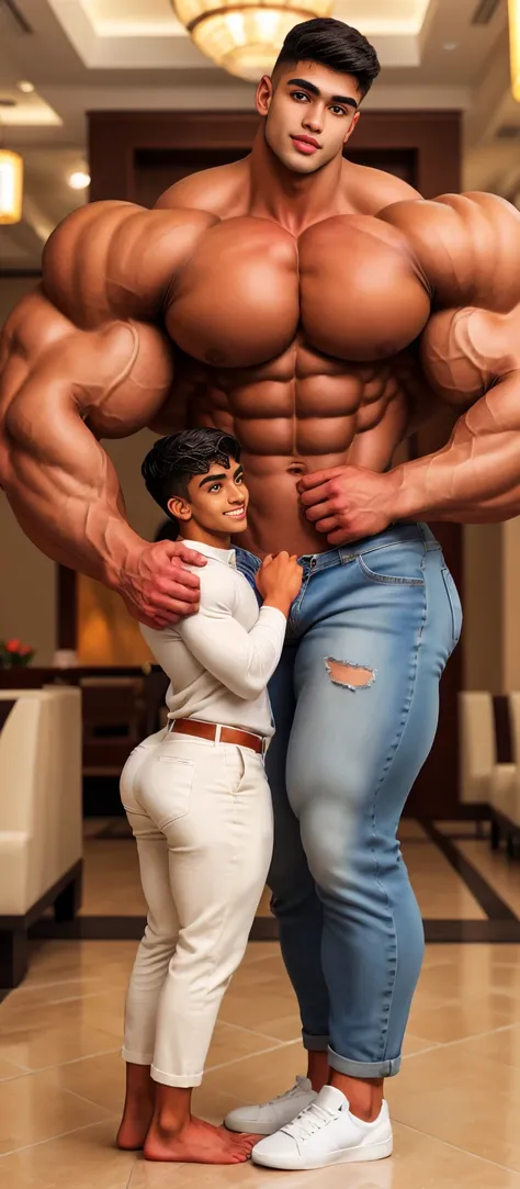 Tanned skin baby faced indian very young muscular male with a mature woman, very tall, 2.30 meters tall, 20 year old overweight  bodybuilder, school freshman in loose linen pants and loosev neck henley shirt, cute innocent sweet young funny face, great hei...