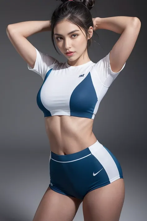 A young woman is depicted in a series of six images, posing in a two-tone sports outfit consisting of a white and dark blue shiny material. The top is a short-sleeved, cropped shirt with dark blue sleeves and white body, featuring two white stripes running...