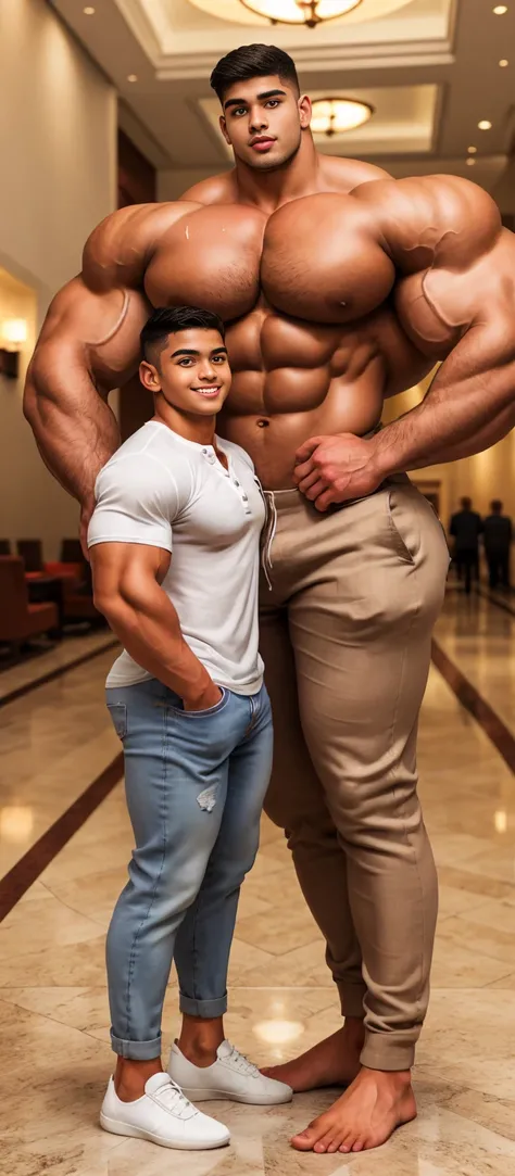 Tanned skin baby faced indian very young muscular male with a mature woman, very tall, 2.30 meters tall, 20 year old overweight  bodybuilder, school freshman in loose linen pants and loosev neck henley shirt, cute innocent sweet young funny face, great hei...