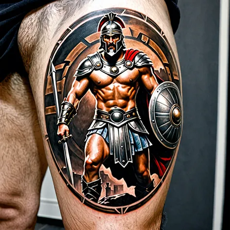 Realistic tattoo art of Gladiator holding a sphere and shield in a idle stance, detailed, masterpiece, amazing, best