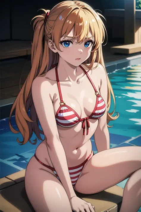 masterpiece、Highest quality、High resolution、Asuka Langley 、Long Hair、Glowing Skin、Light background、Topic Emphasis、Soft and natural lighting、Creating a dreamy and magical atmosphere。Daytime poolside、((tall。Beautiful breasts、Small breasts))、鬠红、Closed lip mak...