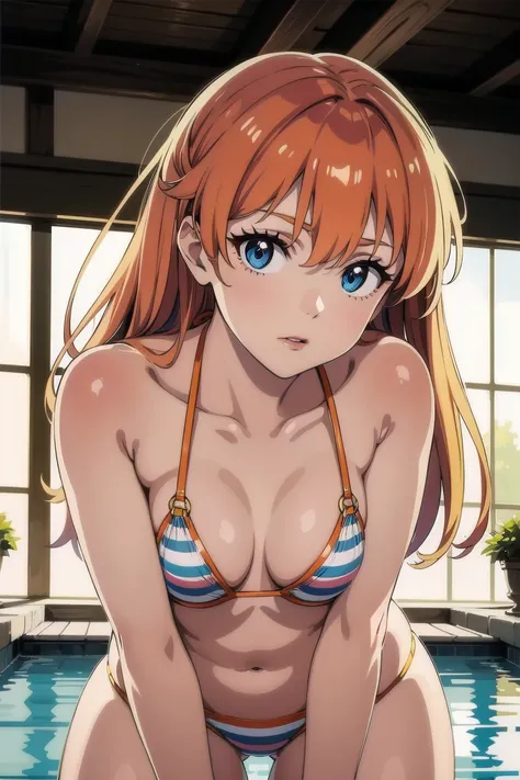 masterpiece、Highest quality、High resolution、Asuka Langley 、Long Hair、Glowing Skin、Light background、Topic Emphasis、Soft and natural lighting、Creating a dreamy and magical atmosphere。Daytime poolside、((tall。Beautiful breasts、Small breasts))、鬠红、Closed lip mak...