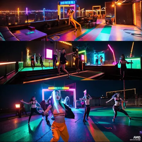 Opening Scene: Rooftop Party**
   - **Setting:** A stylish rooftop with neon lights.
   - **Action:** The members are seen arriving individually, showcasing their unique styles. They greet each other with excitement, and as they come together, the beat dro...