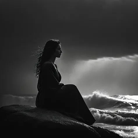 cinematic photo dark photo center view. black and white photo with dramatic effect. raining. storm. a beautiful lady in dark rob...