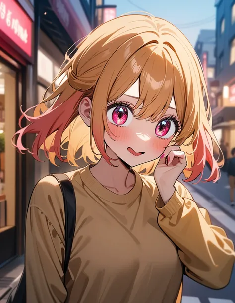 1girl, hoshino ruby, oshi no ko,blonde hair,street,perfect eyes,masterpiece,very aesthetic,newest,sensitive