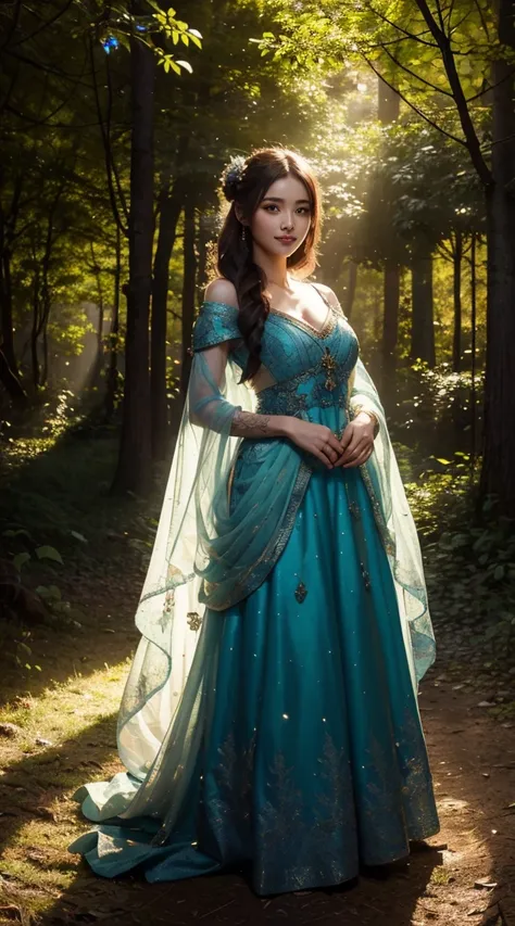 One girl, ,,Smile more, High-resolution images, woman, Her hair was decorated with glowing fireflies, Captivatingly shining eyes. Wearing a gown woven with moonlight, She is a tree々Standing in a vibrant and mysterious forest. scene, Surrounded by the fanta...