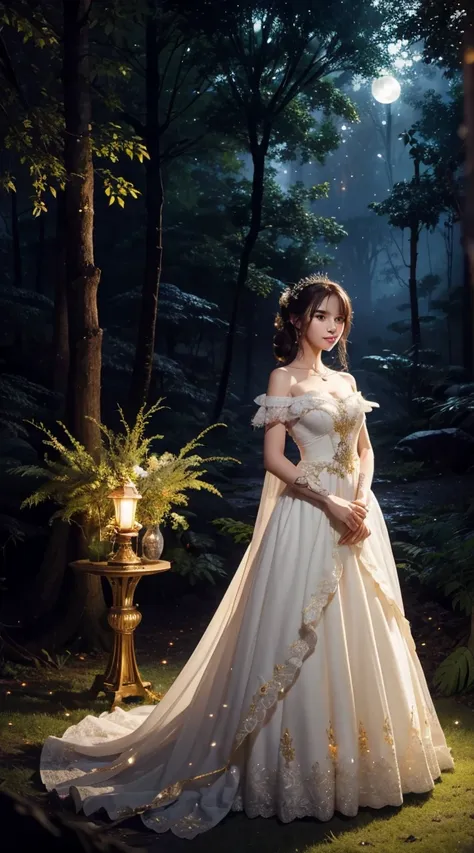 One girl, ,,Smile more, High-resolution images, woman, Her hair was decorated with glowing fireflies, Captivatingly shining eyes. Wearing a gown woven with moonlight, She is a tree々Standing in a vibrant and mysterious forest. scene, Surrounded by the fanta...