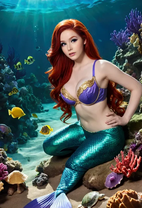 ultra realistic, photography, long red hair, girl, 24 years old, hourglass figure, perfect body, Flirty look, extremely detailed artgerm, in the style artgerm, facing the camera, lens 35 mm, blur background, mermaid cosplay, ariel cosplay, little mermaid c...