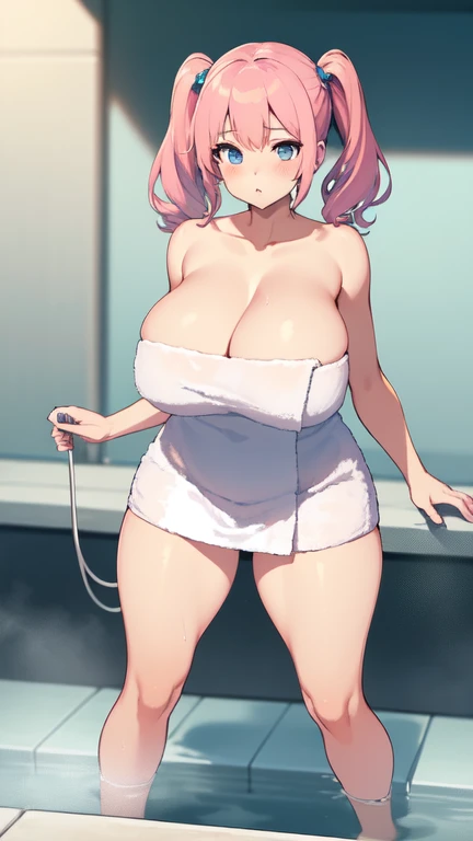 ((Highest quality)), ((masterpiece)), (detailed), 
((huge breasts))
((Very thick thighs))
((Very fleshy young woman))
(Tall)
(cleavage)
(Pink twintails hair)
Blue eyes
Standing
(((Shoot from front)))
(((photograph the whole body)))
(((bath towel only)))
Ja...