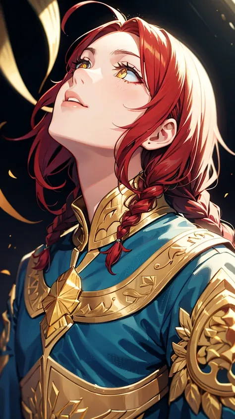 Excellent, masterpiece, red hair, golden eyes, blue clothes, looking up, upper body, hair, fair skin, side braids