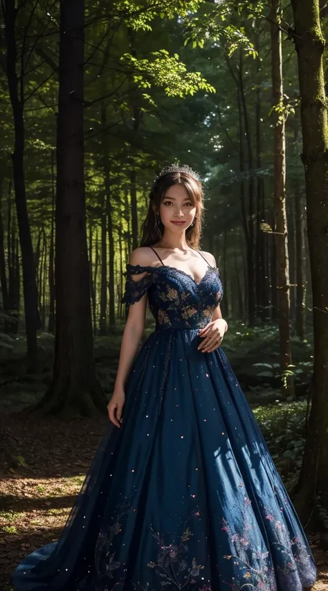 One girl, ,,Smile more, High-resolution images, woman, Her hair was decorated with glowing fireflies, Captivatingly shining eyes. Wearing a gown woven with moonlight, She is a tree々Standing in a vibrant and mysterious forest. scene, Surrounded by the fanta...