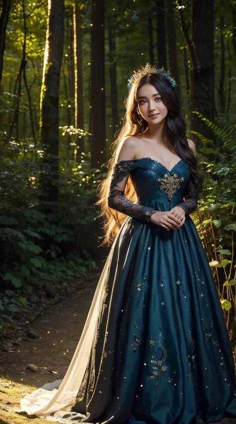 One girl, ,,Smile more, High-resolution images, woman, Her hair was decorated with glowing fireflies, Captivatingly shining eyes. Wearing a gown woven with moonlight, She is a tree々Standing in a vibrant and mysterious forest. scene, Surrounded by the fanta...