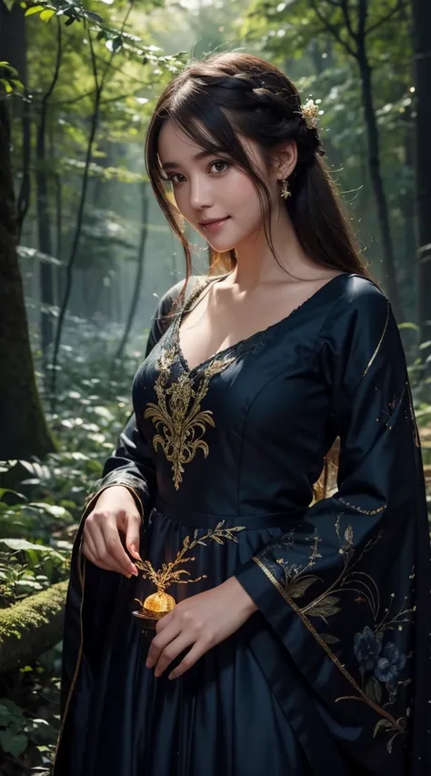 One girl, ,,Smile more, High-resolution images, woman, Her hair was decorated with glowing fireflies, Captivatingly shining eyes. Wearing a gown woven with moonlight, She is a tree々Standing in a vibrant and mysterious forest. scene, Surrounded by the fanta...