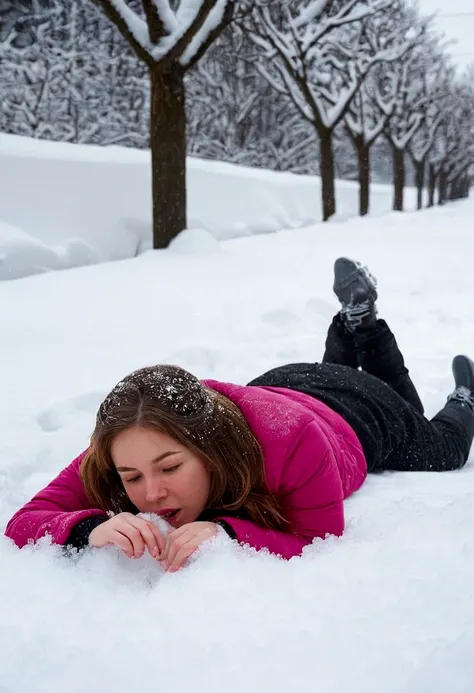 A girl in winter in the snow lying down while peeing hot in the snow