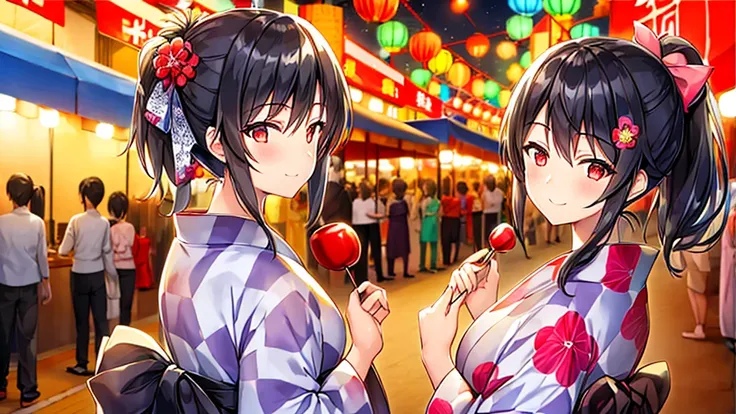 1female, dress in yukata, ponytail hair, black hair, closed eyes, smile, holding candy apple, busy festival, summer festival, night, glowing street, anime, manga, anime art, potrait, (black and white) 