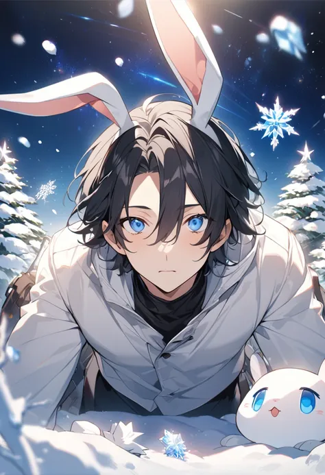 1 adult male: a handsome man with black rabbit ears, the bunny ears are hanging down, neck-length black hair, and blue eyes、 (work of art)、(highest quallity)、(super verbose)、place、、offcial art、、30 years old、hanging eyes、umirk、White shirt with high collar、t...