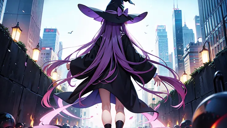 Anime girl with long purple hair and black robe. Witch hat. Pointy ears. Cute as a cartoon. Back view. Full body facing backwards. Her whole body is visible from her head to her feet. Skirt is short.