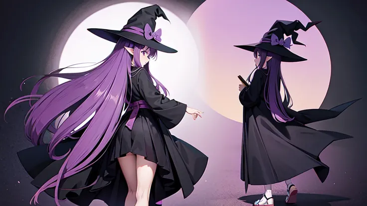 Anime girl with long purple hair and black robe. Witch hat. Pointy ears. Cute as a cartoon. Back view. Full body facing backwards. Her whole body is visible from her head to her feet. Skirt is short.