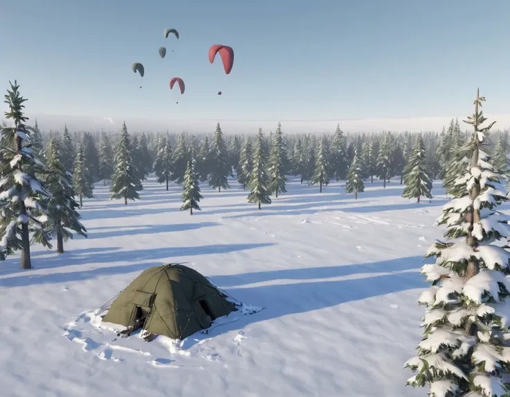 Large snowy plain, with several fir trees covered with snow. In the middle of the full there is a large military pack with a parachute. The pack is full of material and food.