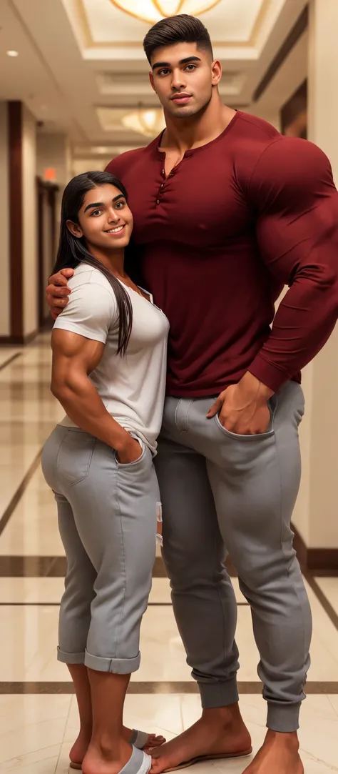 Tanned skin baby faced indian very young muscular male with a mature woman, very tall, 2.30 meters tall, 20 year old overweight  bodybuilder, school freshman in loose linen pants and loosev neck henley shirt, cute innocent sweet young funny face, great hei...