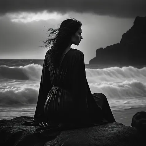 cinematic photo dark photo center view. black and white photo with dramatic effect. raining. storm. a beautiful lady in dark rob...