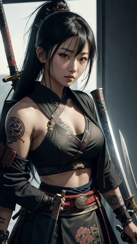 a close up of a Riho Yoshioka with a sword and a tattoo on her arm, very beautiful cyberpunk samurai, a beautiful woman warrior, she is holding a katana sword, beautiful female warrior, beautiful character painting, chinese warrior, warrior girl, holding a...