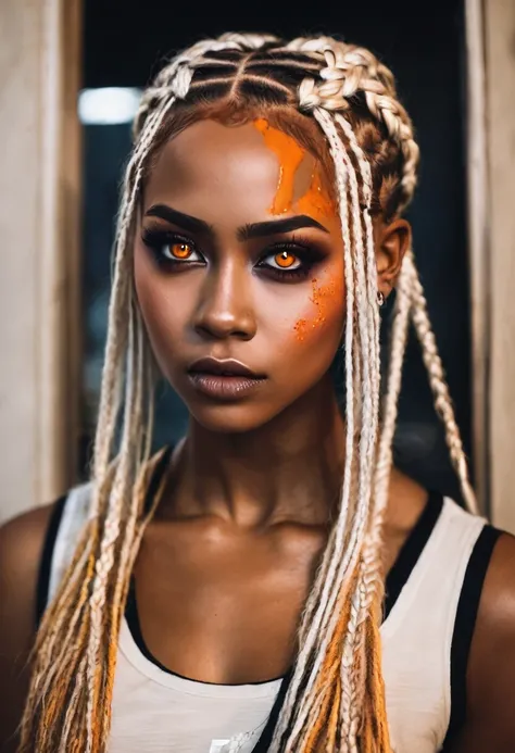 Can I get a beautiful brown skin woman with blonde braids in orange zombie eyes