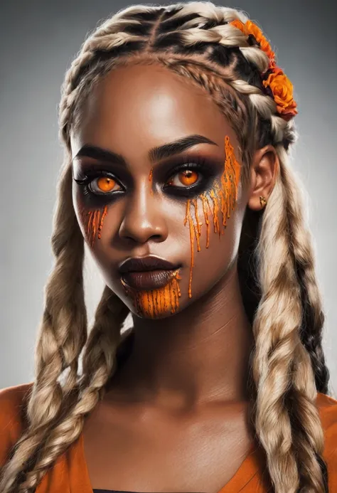 Can I get a beautiful brown skin woman with blonde braids in orange zombie eyes