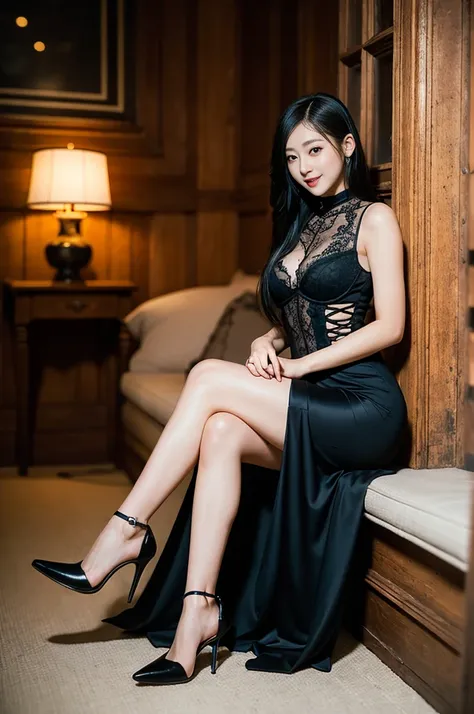 (Only one person), Pure Japanese young girl, wearing gothic style dress, high heels, vivid makeup and lips, thick eyebrows, formal black hair styles, sweet smile, sitting in antique gothic style interior, summer midnight, professional photography, 