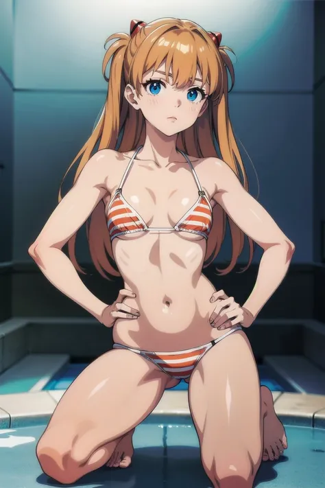 masterpiece、Highest quality、High resolution、Asuka Langley 、Long Hair、Glowing Skin、Light background、Topic Emphasis、Soft and natural lighting、Creating a dreamy and magical atmosphere。Daytime poolside、((tall。Beautiful breasts、Small breasts))、鬠红、Closed lip mak...