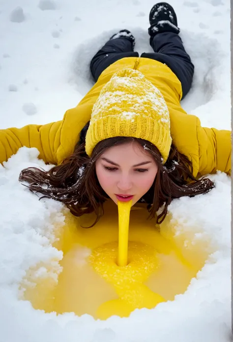 A girl in winter in the snow lying down while peeing hot in the snow, lots of yellow liquid coming out of the clitoris!