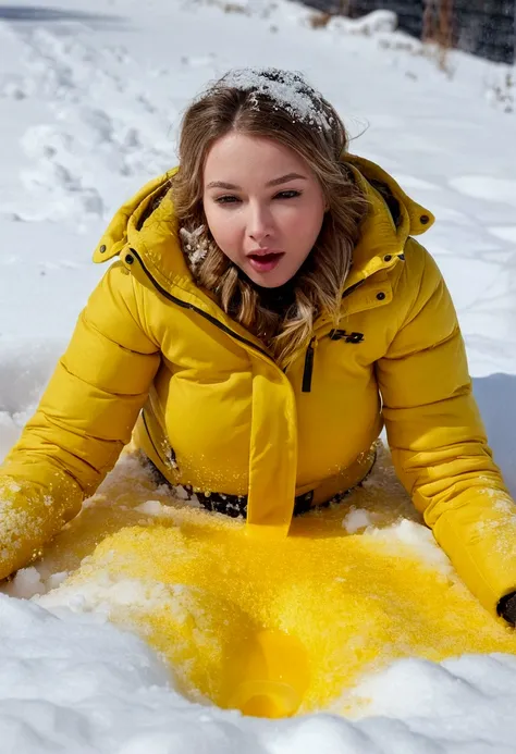 A girl in winter in the snow lying down while peeing hot in the snow, lots of yellow liquid coming out of the clitoris!