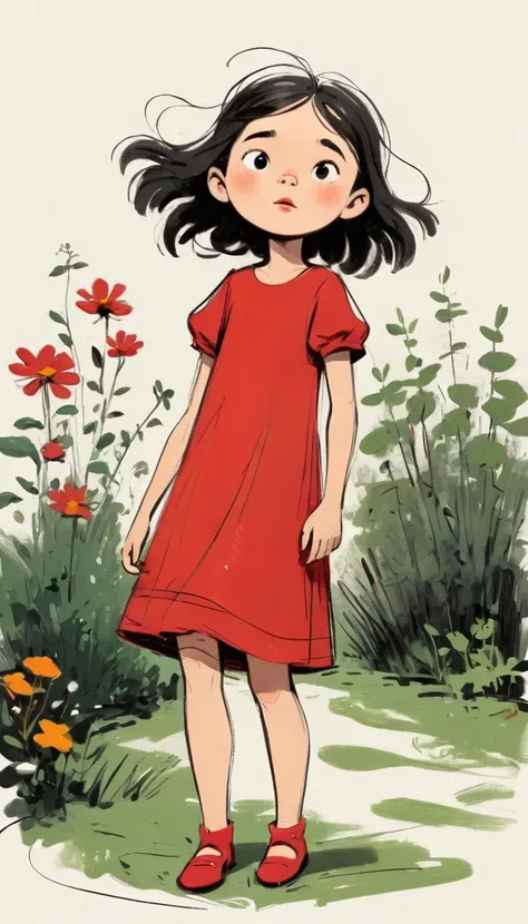 (((Exaggerated digital character sketches:1.37))).(Little girl in the garden，Red Dress)，(Black sketch lines，Loose brushstrokes create the outline，Cartoon Style. Bright colors and simplified lines, sketch)。(Exaggerated body movements),