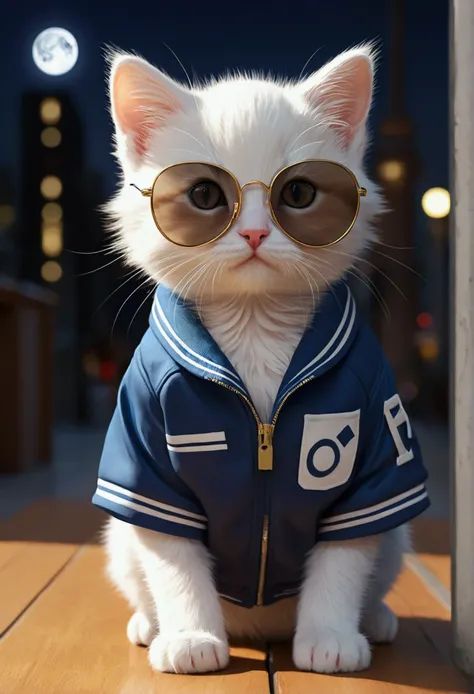 Perfect centering, Cute kitten, Wear a school jacket, Wear sunglasses, Wear headphones, Standing position, Abstract Beauty, Centered, Looking into the camera, To the camera, Near perfect, dynamic, moonlight, Very detailed, Digital Painting, artステーション, コンセプ...