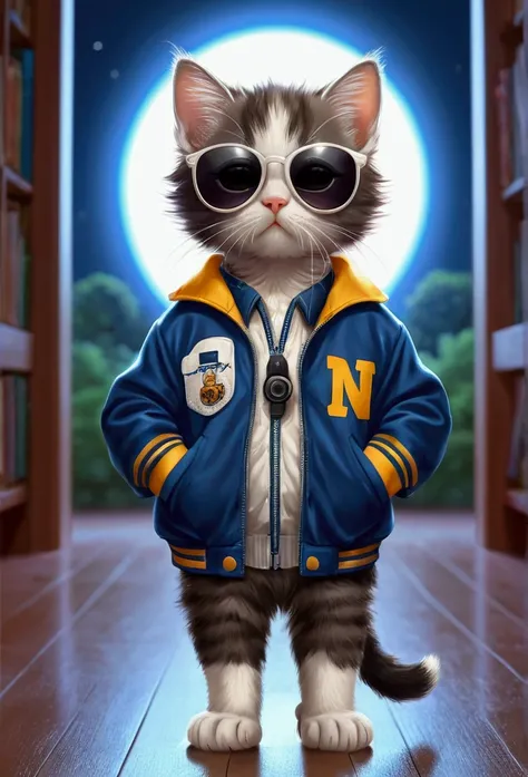 Perfect centering, Cute kitten, Wear a school jacket, Wear sunglasses, Wear headphones, Standing position, Abstract Beauty, Centered, Looking into the camera, To the camera, Near perfect, dynamic, moonlight, Very detailed, Digital Painting, artステーション, コンセプ...